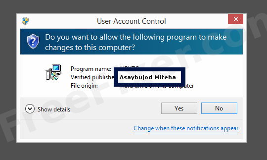 Screenshot where Asaybujod Miteha appears as the verified publisher in the UAC dialog